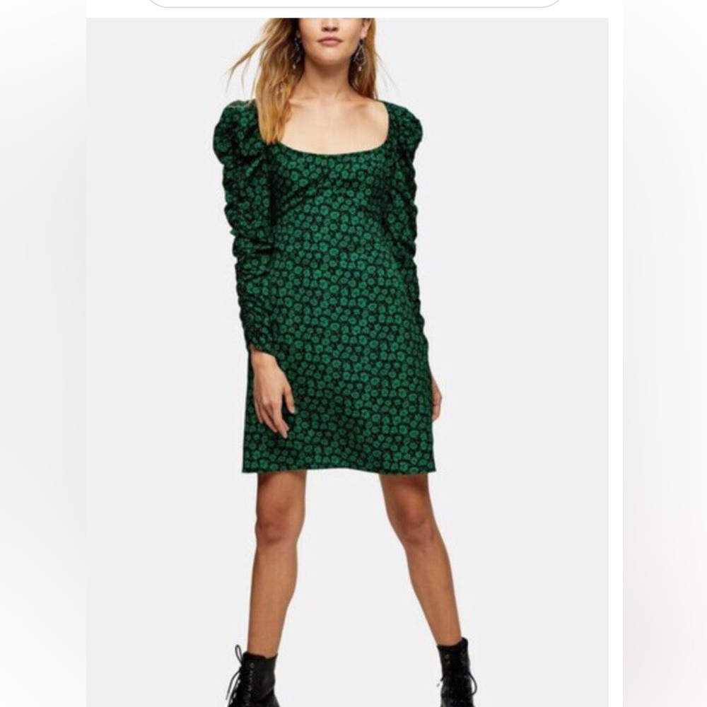 Topshop Green Floral Ruched Dress